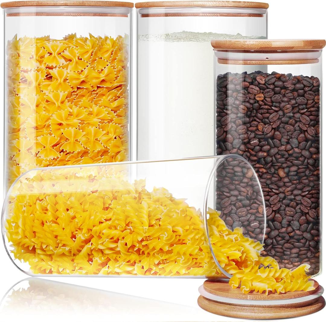 Large Glass Flour and Sugar Containers 180oz x2 & 93oz x2 [Set of 4], Glass Food Storage Containers with Bamboo Lids, Glass Jar with Airtight Lid for Spaghetti Pasta,Rice,Cereal,Coffee, Oat 