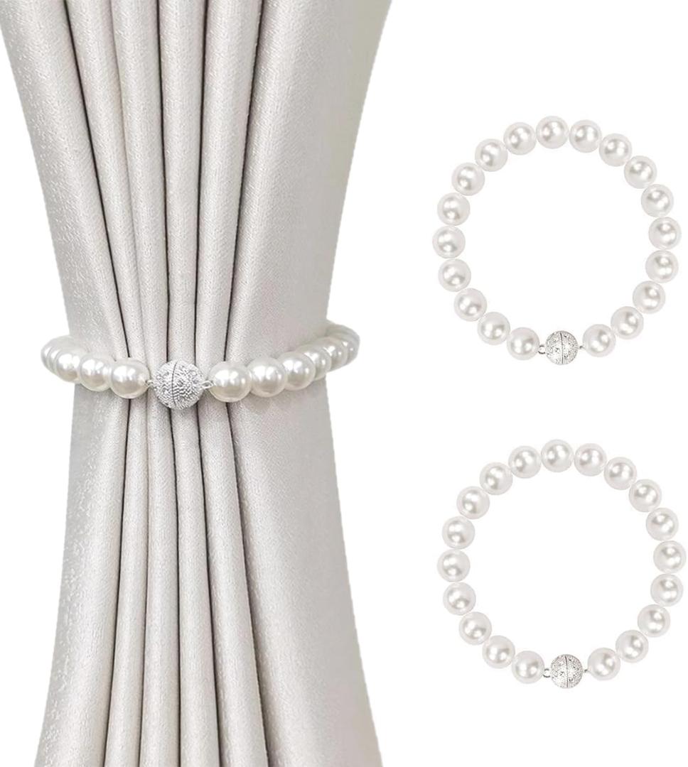 2 x Magnetic Curtain Tiebacks, Curtain Holders for Bedroom Decor, 2 Pack Pearl Curtain Tiebacks for Home, Office, Window Decoration(White)