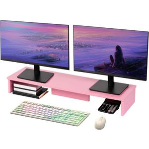 Dual Monitor Stand Riser, Large Computer Monitor Stand for Desk, Monitor Riser for 2 Monitors, Wood Desk Shelf for Top of Desk, Desktop Organizer for Computer, Laptop, Printer, TV, Pink (35.8" Pink)