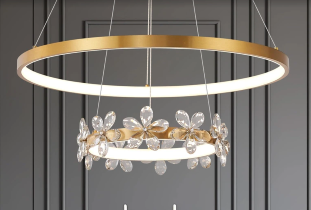 2 Rings Chandelier 24’’ Modern LED Chandelier with Crystal Flower Gold Dimmable Gold Pendant Chandelier for Girl Room Dining Room Bedroom Foyer Entryway, 3000-6500K