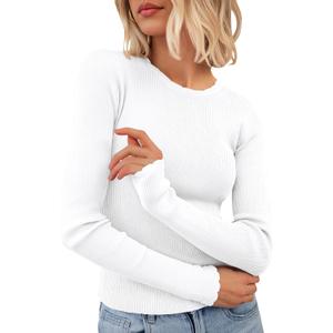 PRETTYGARDEN Womens Long Sleeve Shirts Ribbed Knit Fitted Cute Tops for Women Trendy Basic Pullover Shirt Fall Clothes (White, M)