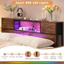 GiftGo King Size Headboard with 4 Fabric Storage Drawers Charging Station LED Light Adjustable Height Storage Rack Sturdy and Stable Metal Frame & Wood Shelf (Rustic Brown, King (U.S. Standard))