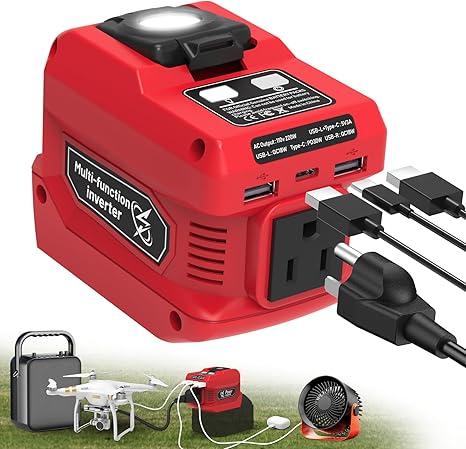 220W Power Inverter Compatible with Milwaukee 18V Battery, DC 18V to AC 110V Battery Inverter, Power Station Generator with 1 AC Outlet, 2 USB Ports & 1 TypeC Fast Charging, 400LM LED Work Light