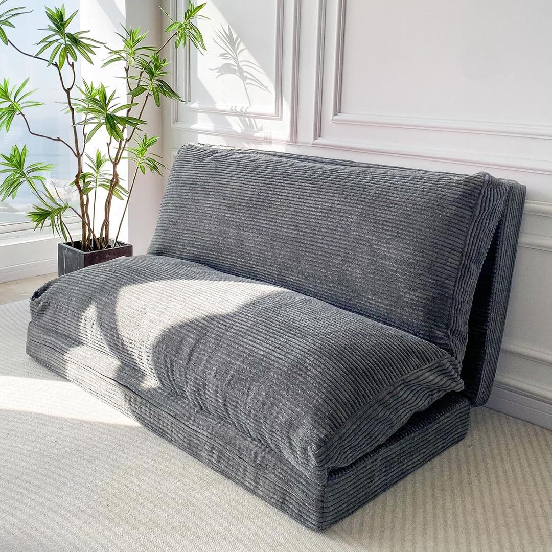 MAXYOYO Bean Bag Bed Folding Sofa Bed Floor Mattress for Adults, Extra Thick and Long Floor Sofa with Corded Washable Cover, Dark Grey, 39x95 Inch