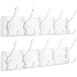 Kuhome 2pcs Coat Rack Wall Mount Coat Hooks Wooden Hat Rack for Wall Hooks Pine Real Wood Plank 16.9" White Coat Hanger with 5 White Triple Hooks for Hanging Coat Hat Jacket