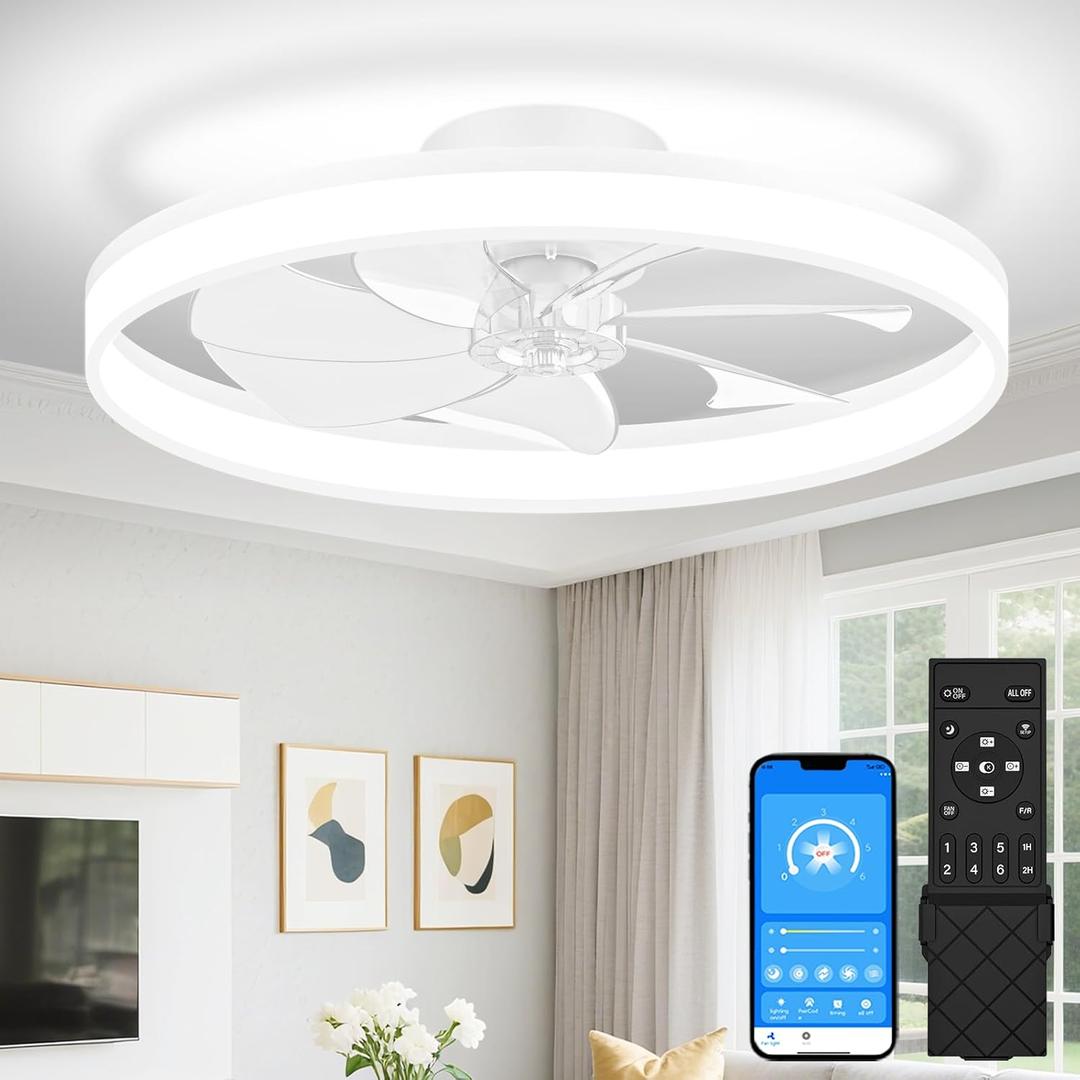 VOLISUN Low Profile Ceiling Fans with Lights and Remote, 27.6in Fandelier Ceiling Fan Flush Mount, 3000K-6500K Smart Bladeless LED Fan Light, White Modern Ceiling Fans with Lights for Bedroom