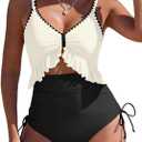 SHESHOW Womens Tummy Control One Piece Swimsuit High Waisted Cutout Ruffle Bathing Suit Color Block Swimsuits Black, Medium