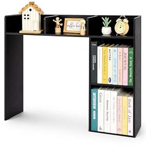 Wonderjune Desk Bookshelf Hutch for Dorm 37 x 29 x 9.5 Inch Wooden Desktop Organizer Countertop Storage Hutch with 5 Shelves for Computer Desk 3-Tier Rack for College Dorm Room Home Office(Black)