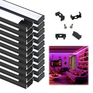 Muzata 20Pack 3.3FT/1M LED Channel Black Aluminum U Shape LED Diffuser Channel with Milky White Cover Easy Installation U1SW BW 1M