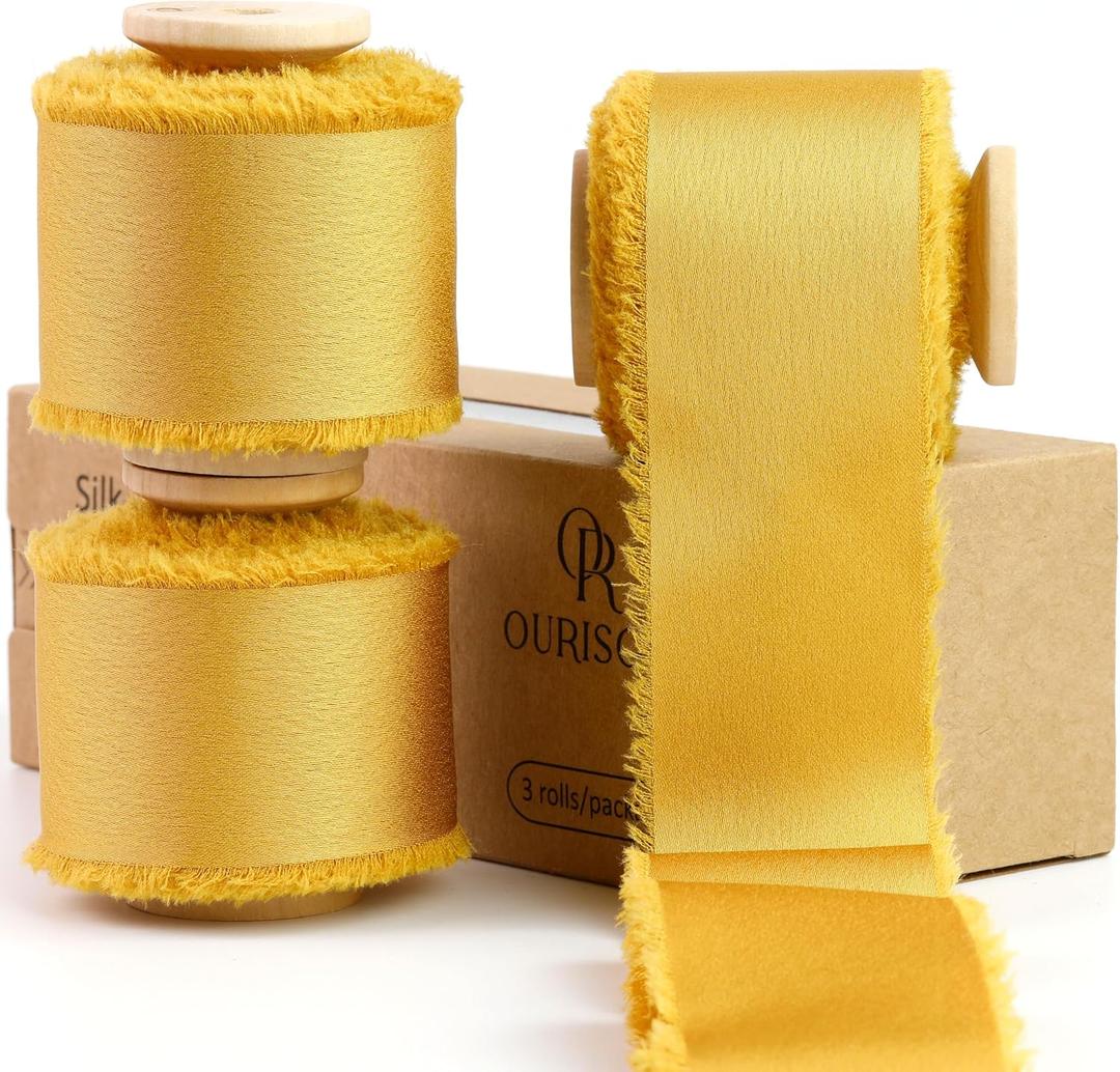 Silk Satin Ribbon 1-1/2 Inch x 30 Yards Gold- Handmade Frayed Ribbons for Gift Wrapping Wedding Party Invitations Bridal Bouquets Baby Showers Holiday Decor