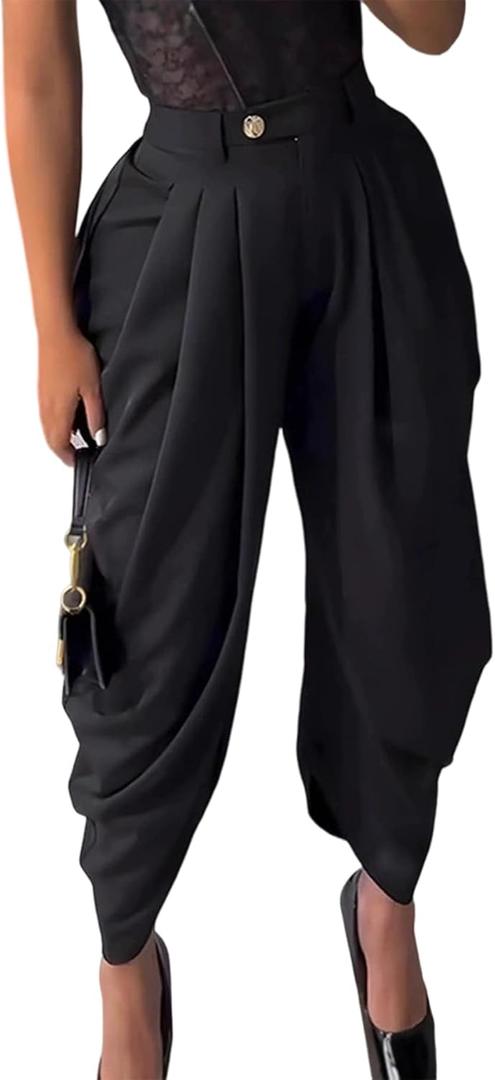 Unybwonn Women's Dress Slacks Pants Casual Pleated Business Work Pants Wide Leg High Waisted Palazzo Pants Trousers (Black, M)