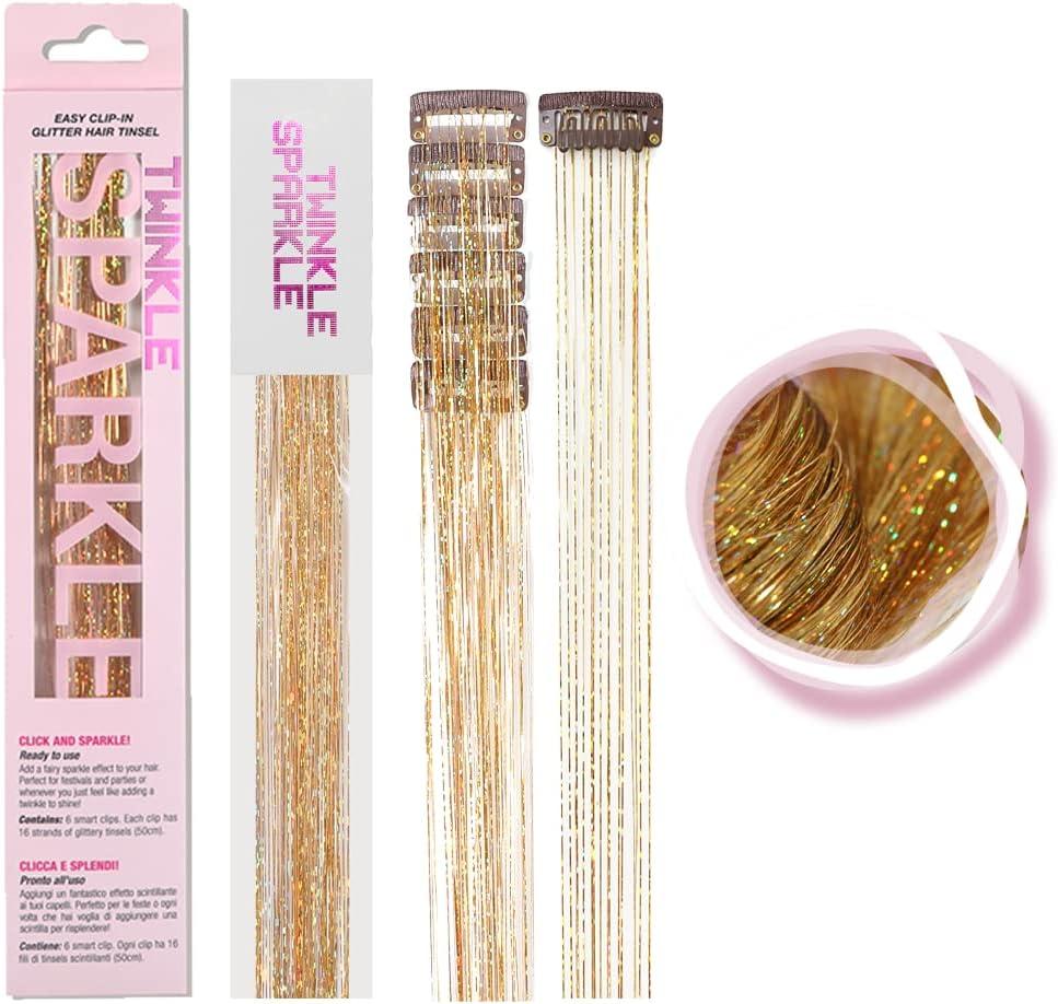 Pack of 6Pcs Clip in Hair Tinsel Kit, 19.6 Inch Heat Resistant Glitter Tinsel Hair Extension with Clips on, Fairy Hair Sparkle Strands Festival Gift Party Dazzle Hair Accessories for Women Girls Kids (ROSE GOLD)
