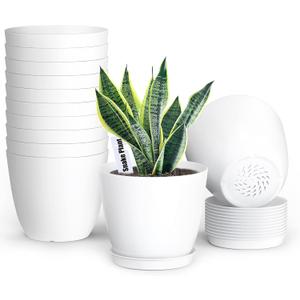 SwinDuck Plant Pots, 12 Pack 6 inch Modern Plastic Planters with Drainage Holes and Saucers for Indoor Outdoor Plants and Flowers, White