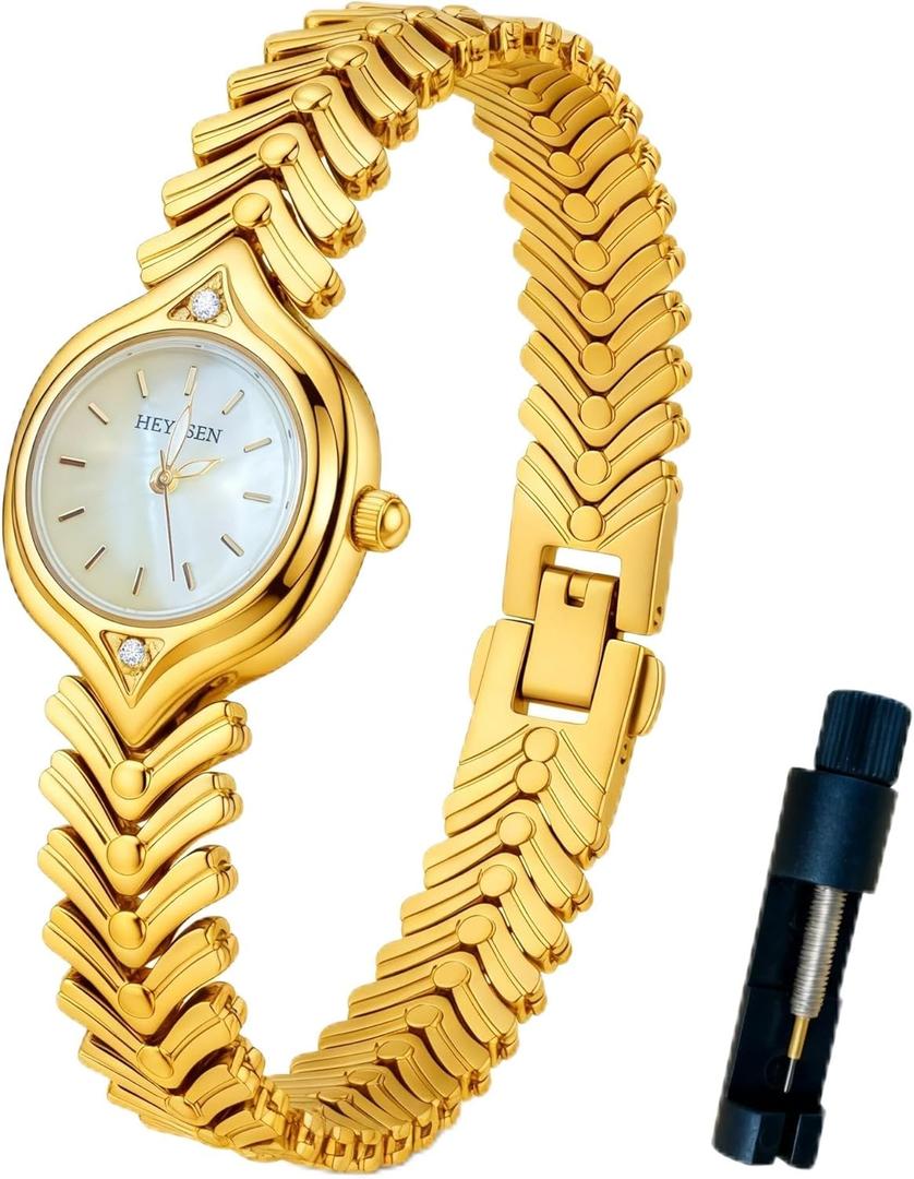 Small Gold Watches for Women's Dainty Analog Dress,Unique Designer Trendy Bangle Bracelets for Women Diamond Watch Oval Case Mother of Pearl Dial, Water Resistant with Tools