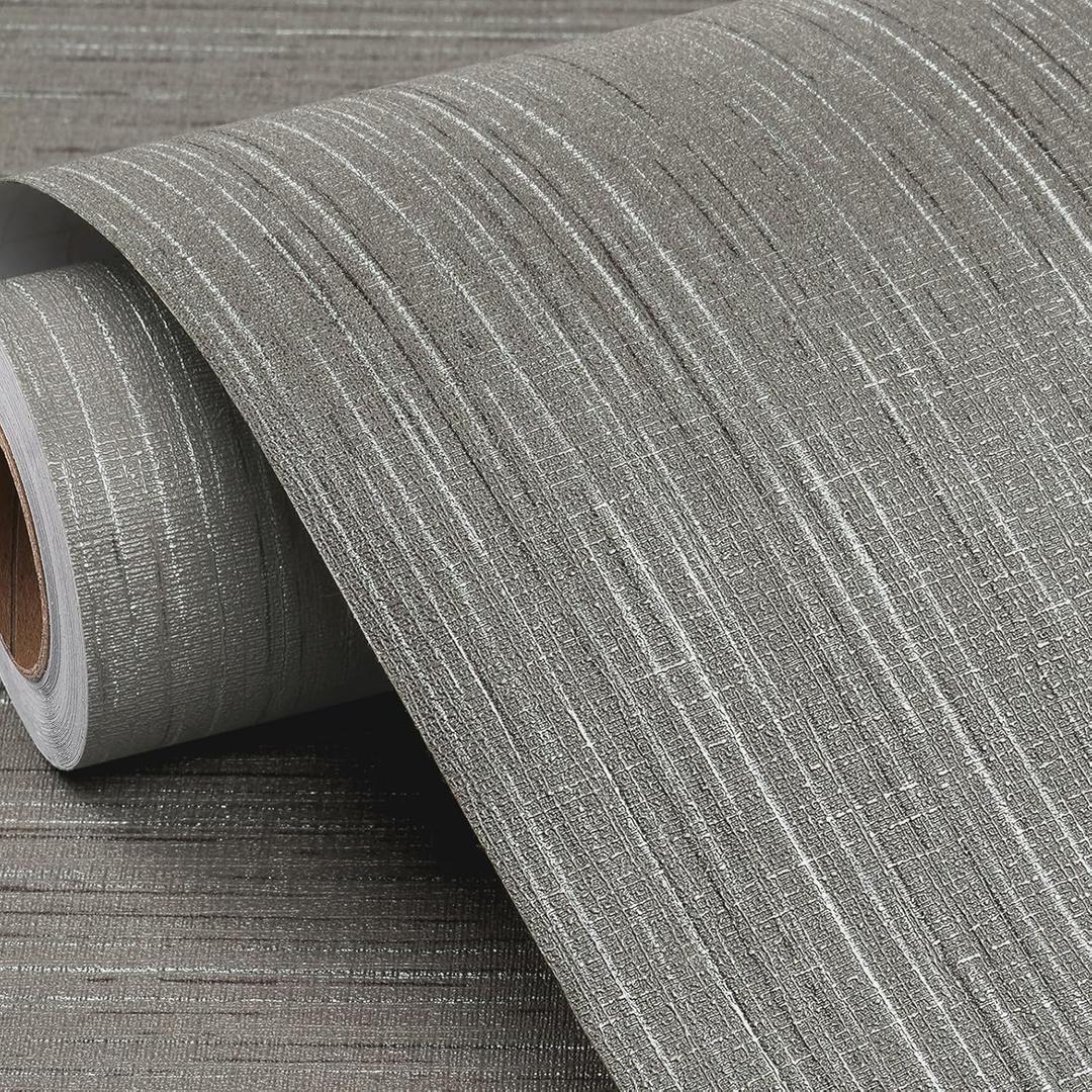 FunStick Thick Grey Grasscloth Wallpaper Peel and Stick Textured Faux Grasscloth Peel and Stick Wallpaper Grey Fabric Contact Paper for Cabinets Removable Grey Wall Paper for Bedroom Walls 12"x200" (Grey Taupe Brown)