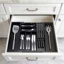 9-Piece Bamboo Kitchen Drawer Organizer Set, Expandable Silverware &Utensil Organizer with Removable Knife Block & Steak Knives, Flatware Organization, Tableware Dividers Storage(Black)