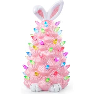 Light up Easter Bunny Decor Glowing Tree, Cute Ceramic Easter Tree Bunny Decorations for The Home Indoor Bedroom Office Decor Tabletop, Easter Night Light for Kids Easter Gifts (Pink)