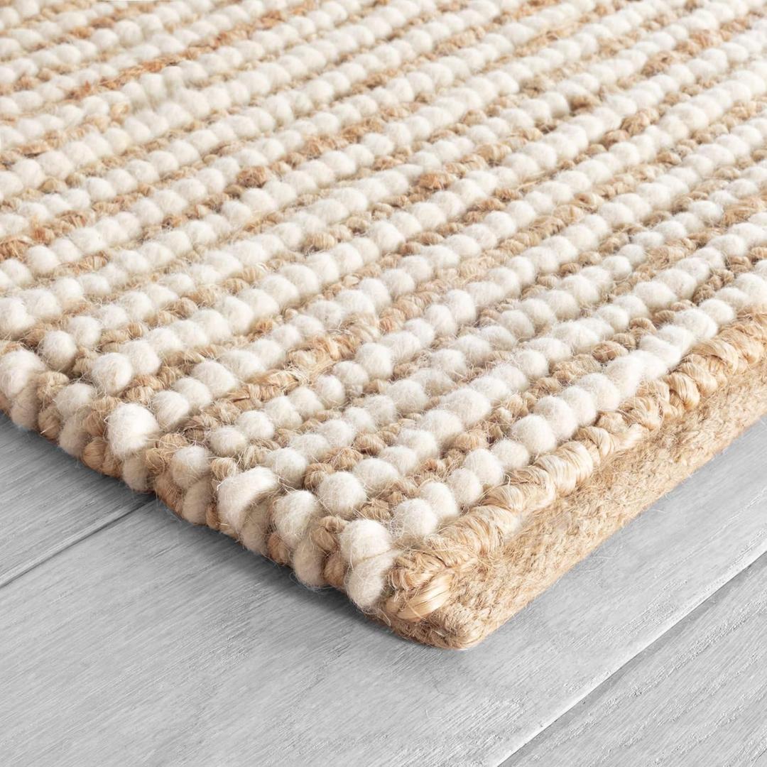 FRELISH DECOR Wool and Jute Premium Handwoven Chunky Stripes Rug - Contemporary Area Rug for Living Room Bedroom (5' x 8' - Natural Ivory)
