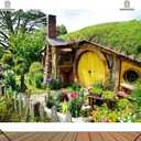 7x5ft Fabric Hobbiton Cave Backdrop New Zealand Hobbiton Log Cabin Photography Background Yellow Wooden Door Green Grass Flowers Fence for Birthday Party Decor