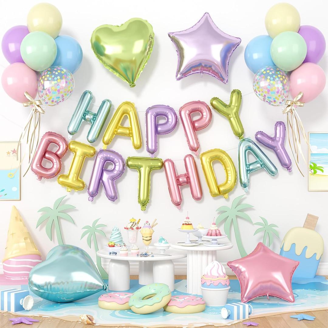 29PC Pastel Happy Birthday Balloon Banner, 16Inch 3D Aluminum Letter Banner Sign, Multicolor Pastel Balloons 18 Inch Star Heart Star Foil Balloon for Women, Men Party Supply