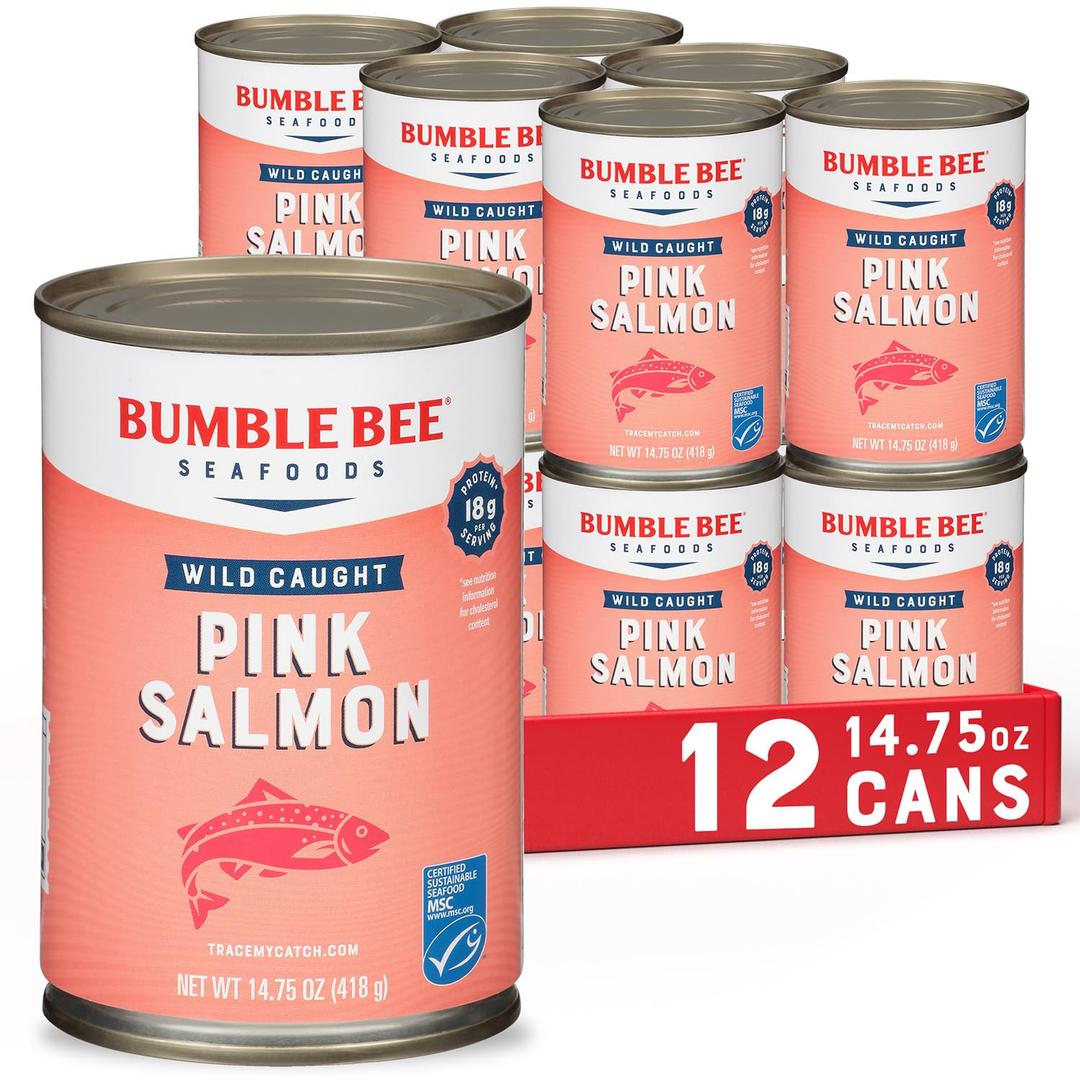 Bumble Bee Canned Pink Salmon, 14.75 oz Cans (Pack of 12) - Premium Wild Caught Salmon with Skin & Bones - 18g Protein per Serving - MSC Certified Sustainable Seafood, Non-GMO, Gluten Free, Kosher