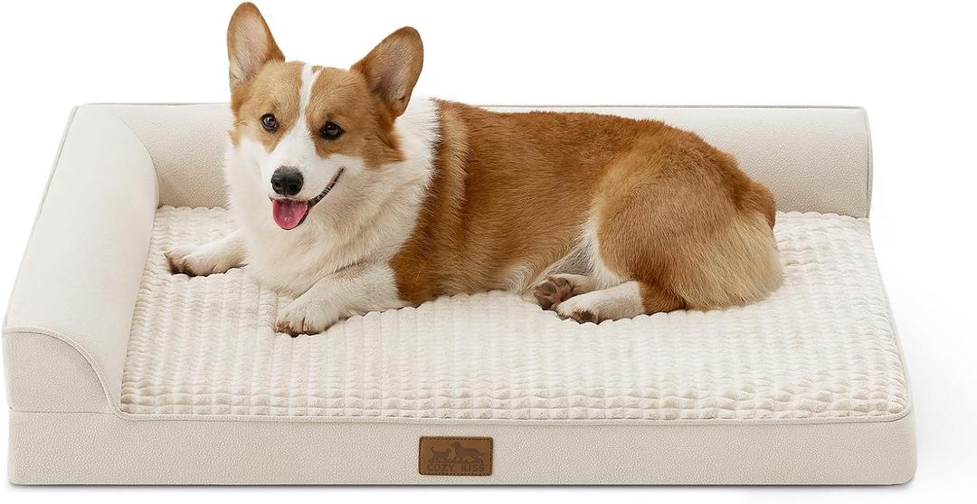 . COZY KISS Orthopedic Dog Bed for Large Sized Dogs, L Shaped 36x27 inch | Non-Slip Bottom Soft Pet Sofa with Washable Removable Waterproof Cover, Egg-Crate Foam Couch with Portable Handle, Beige, 4, Standard:15.7"x28.3"x19.7" 