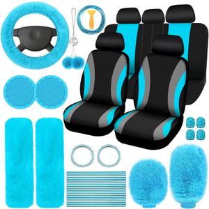 ROCEEI 43 Pcs Car Seat Cover Full Set Fuzzy Car Accessories for Women Christmas Front Rear Cover Fluffy Steering Wheel Cover Belt Handbrake Shift Cover(Lake Blue)
