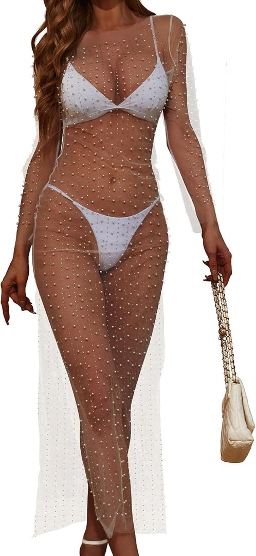 American Trends Women's Sheer Mesh Maternity Pearl Rhinestone Cover Up Dress Summer Sexy Coverups for Swimwear Bikini (Medium, White)