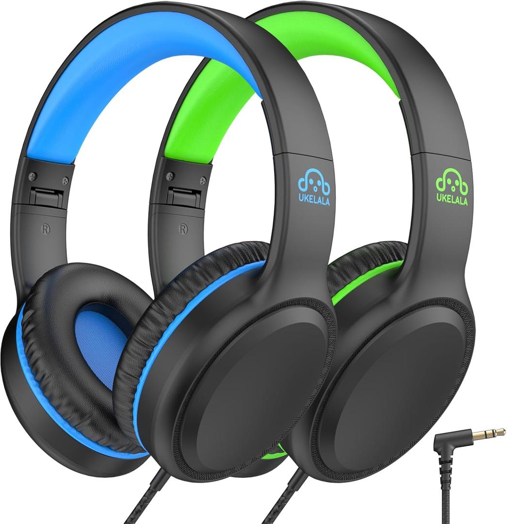 U2 2 Pcs Wired Headphones for Kids Boys Girls, On Ear Youth Headphones for School Airplane Travel, Lightweight Portable Compatible with Tablet Computer Laptop for Adults Student Green & Blue