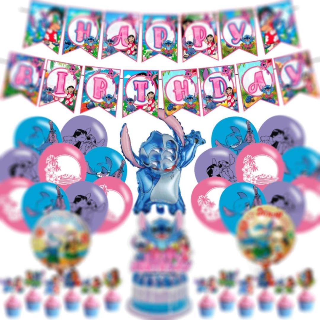 Blue Stitch Birthday Party Supplies Decorations, Tropical Luau Party Supplies Include Banner, Foil Balloons, Cupckae Cake Toppers for Fans Adults Birthday Summer Hawaii Party
