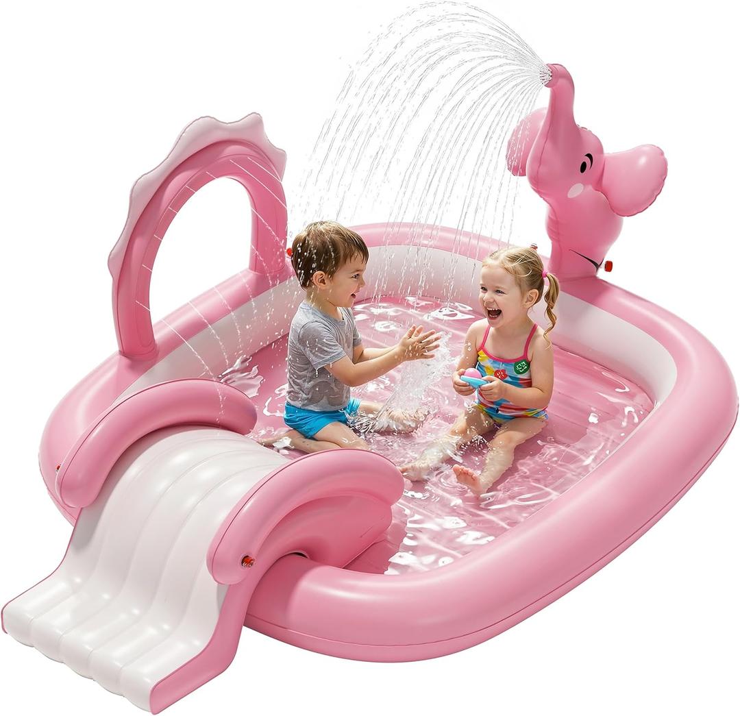 QPAU Elephant Kids Pool with Slide and Sprinkler, Inflatable Play Center with 4 Rings, 72 64 37 in, Fast Inflation Kiddie Pool for Garden & Backyard, Birthday Gift for Ages 1+ (Pink)