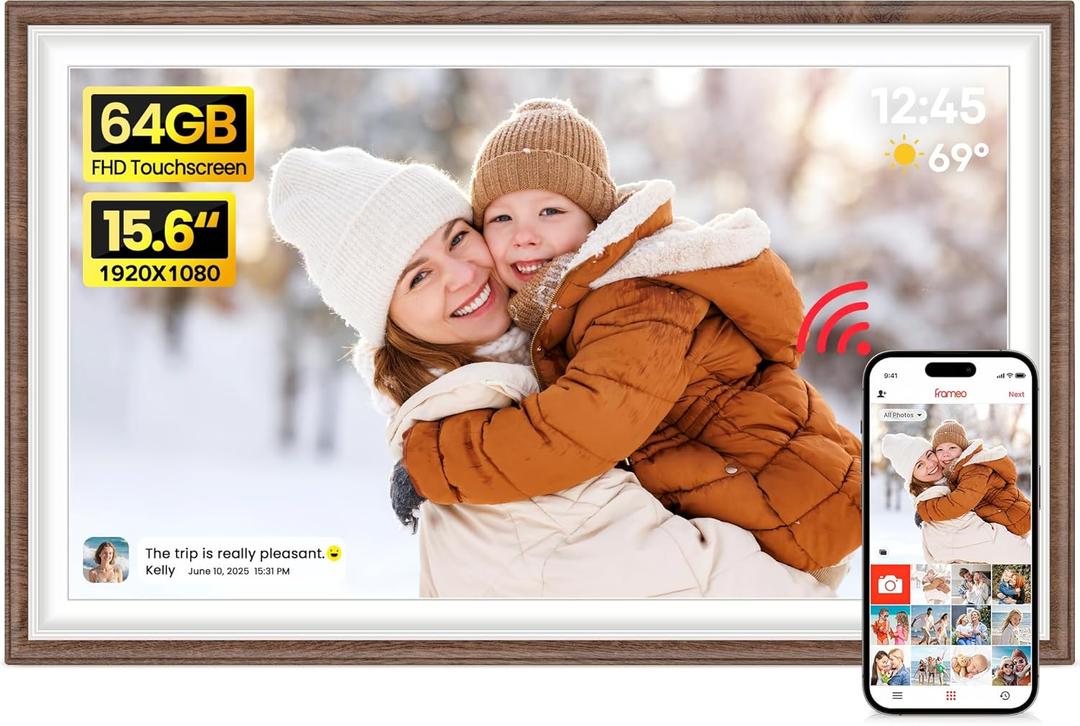 64GB Frameo 15.6" Digital Picture Frame Large 1920 x 1080 IPS FHD Touch Screen WiFi Electronic Photo Frames Share Moments Instantly Anywhere Best Gifts for Parents and Grandparents Brown Wood White