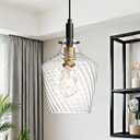 Modern Stripes Clear Glass Pendant Lighting for Kitchen Island 1 Pack, Farmhouse Black and Gold Pendant Light Fixtures, Height Adjustable Ceiling Pendant Light, 8 Inch