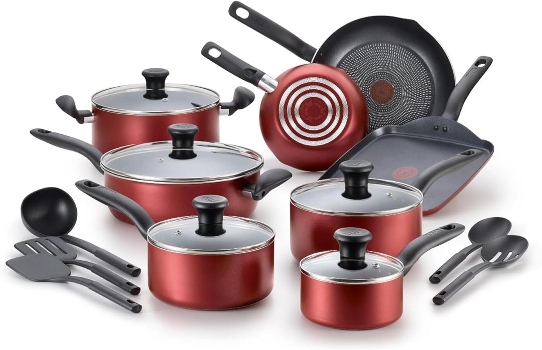 T-fal Initiatives Nonstick Cookware Set 18 Piece, Oven Broiler Safe 350F, Kitchen Cooking Set w/Fry Pans, Saucepans, Saute Pan, Dutch Oven, Griddle, Pots and Pans, Home, Dishwasher Safe, Red