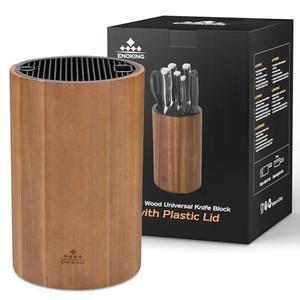 Enoking Universal Knife Block Holder with Plastic Lid, Acacia Wood Knife Block without Knives for Scissors, Sharpening Rod and Knives, Round Knife Storage Organizer Display