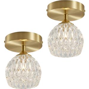 2 Pack 4.3'' Semi Flush Mount Ceiling Light, Light Luxury Ceiling Light Fixture, Clear Crystal Lampshade Vintage Hallway Lights Fixtures, Brass Base Flush Mount Ceilings LightsNo Bulb Included