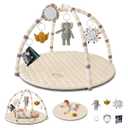 Blissful Diary Baby Play Gym Mat, Tummy Time Activity Mat with 6 Detachable Toys for Stage-Based Sensory & Motor Skill Development, Easy to Install & Clean, Baby Essentials Gift, Sandy Beige