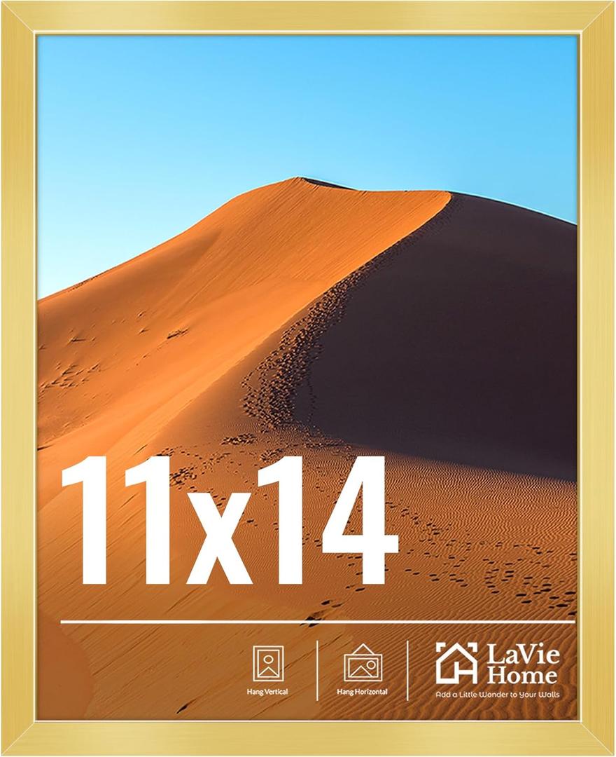 LaVie Home 11x14 Picture Frame for Wall Display, 11x14 Gold Picture Frame with HD Plexiglas, 11 x 14 Poster Frame 1 Pack, Display Frame for Vertical or Horizontal, Classic Collection