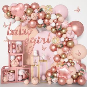 Amandir 135pcs Rose Gold Balloons Girl Baby Shower Decorations, Butterfly Stickers Balloon Garland Arch Kit Baby Box with Letter (A-Z+Baby) for Wedding Bridal Birthday Party Decoration