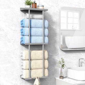 LiuoudTowel Rack for Bathroom, Wall Mounted Vertical Rolled Towel Storage Organizer Holder with Shelf, Holds Up 6 Large Bath Sheets, Silver Grey Large