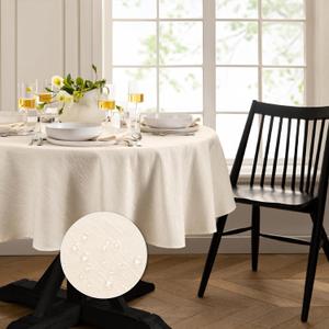 Elrene Home Fashions Continental Solid Texture Water, Stain & Wrinkle Resistant Tablecloth, 60"X84" Oval, Ivory