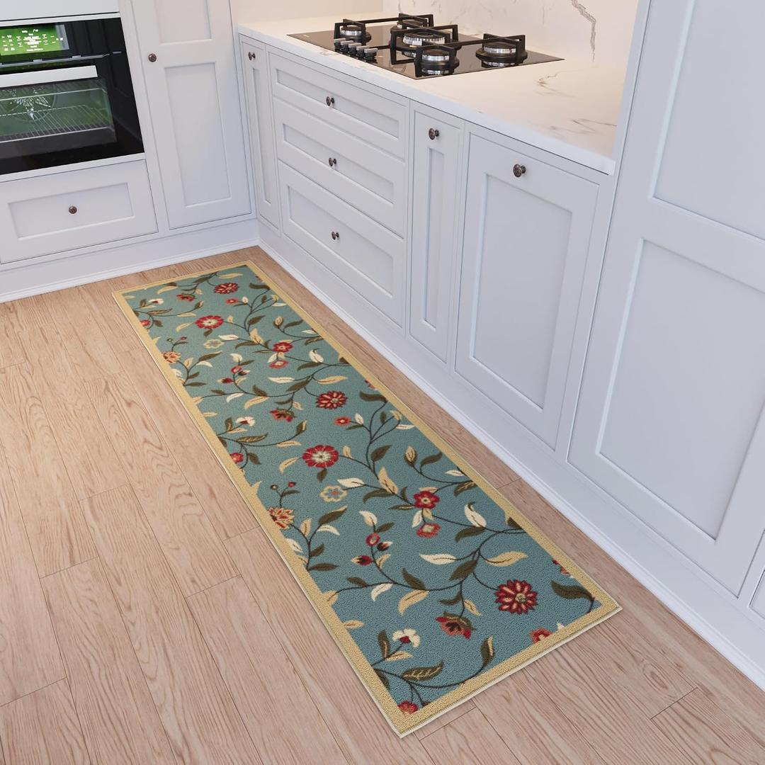 Ottomanson Hallway Runner Rug 1'10" x 6' Non Slip Floral Area Rugs Easy to Clean Laundry Rug Runner Durable Floor Carpet Runners for Hallways Entryway Living Room Kitchen Bathroom, Seafoam Green