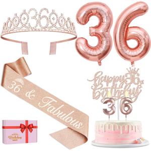 36th Birthday Decorations for Women, Including 36th Birthday Sash and Tiara, Cake Topper and Candles, Number Balloons, 36 Year Old Gifts for Women
