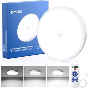 Homelist 2026 New 12000mAh Rechargeable Ceiling Light, Motion Sensor Ceiling Light with Remote, Battery Operated Closet Light for Shower, Garage, Porch, 6500K Cool White