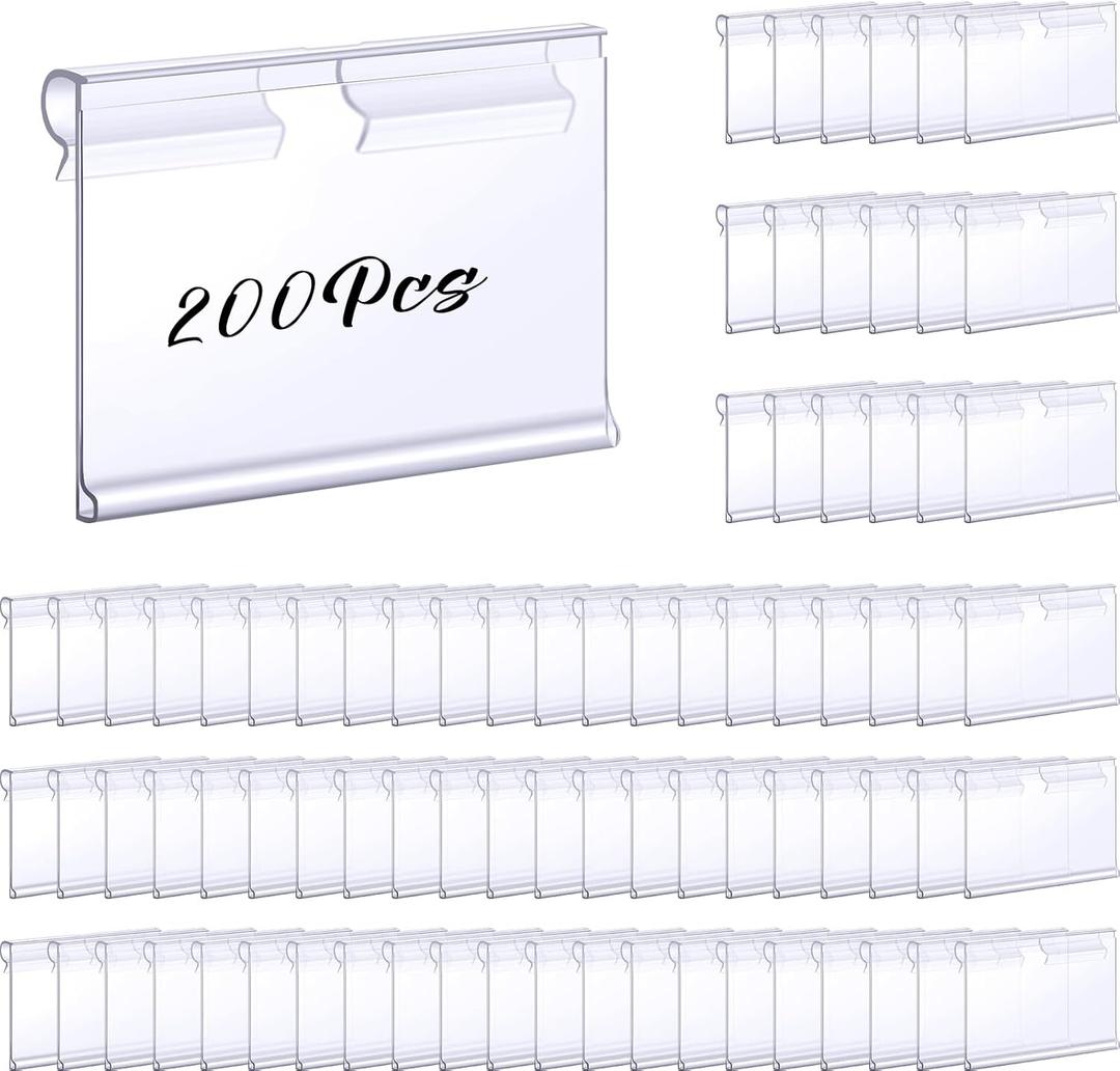Tatuo 200 Pcs Reusable Plastic Wire Shelf Label Holders, Price Card Sign for Pantry Retail Supermarket Merchandise Shopping Mall Shop Ticket Display Holder Clip on Design, 2.36" L x 1.65" H (Clear)