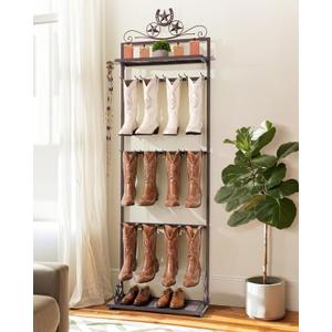 Western Boot Rack for 6 Pairs, 74" Tall Freestanding Cowboy Boot Stand with Horseshoe Star Topper, Metal Shelf and Belt Hooks, Rustic Brown Boot Storage Organizer for Entryway Closet Bedroom Bronze