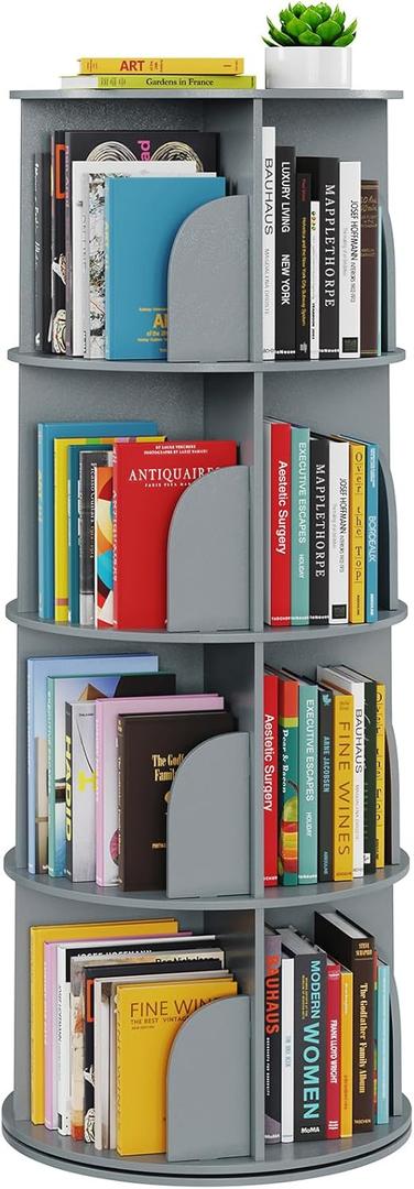 SpaceAid 4 Tier Rotating Bookshelf Tower, Spinning Bookcase Lazy Susan, Revolving 360 Book Shelf Storage Round Carousel, Vertical Rotate Turning Spiral Corner Organizer, Gray, 4 Tier, 50" H