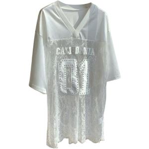 MakeMeChic Lace Jersey Shirts for Women V Neck Letter Graphic Tee Oversized Sheer Tops (White, XS)