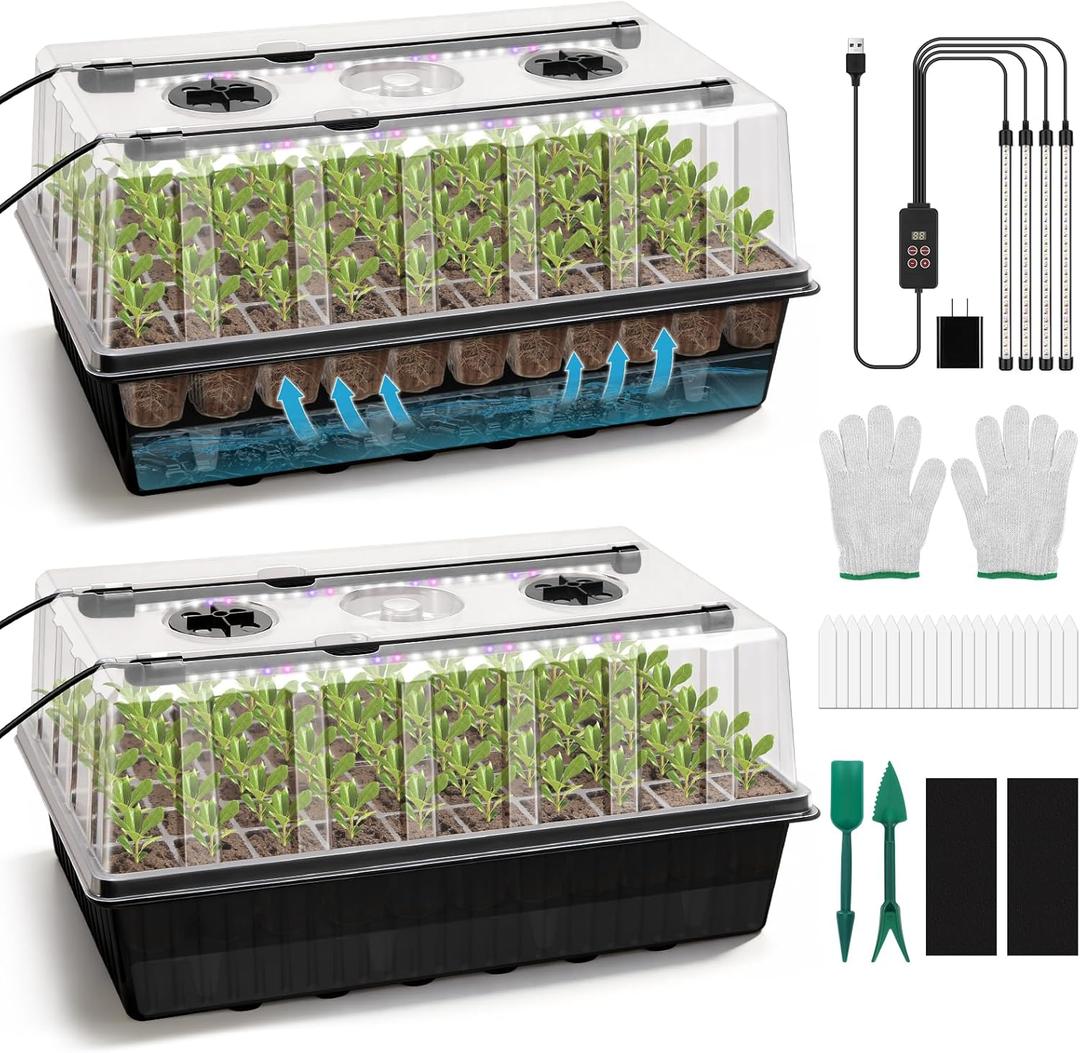 BlumWay 120-Cell Self-Watering Seed Starter Tray with Grow Light, 1-24H Timer, Seed Starter Kit with 4.02" Humidity Dome, Seedling Tray for Indoor Plant Starter, Plant Germination Trays-Black