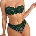 WDIRARA Women's 2 Piece Exotic Lingerie Set Floral Lace Mesh Sheer Strapless Bra and Panty Set (Large, Dark Green)